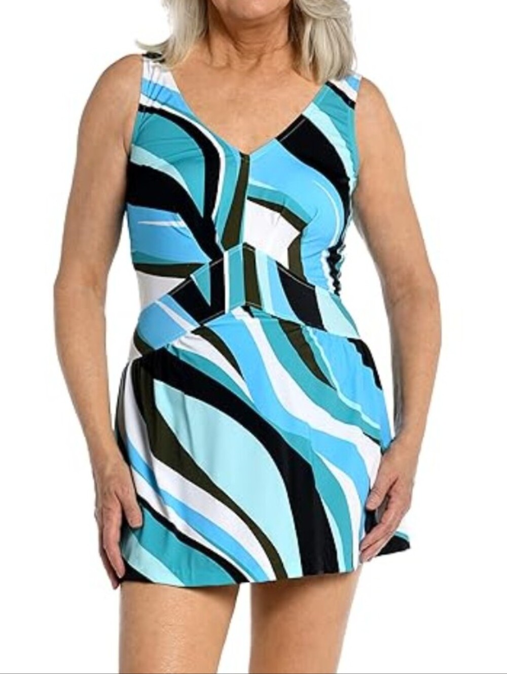 Maxine of Hollywood Blue & Aqua Wave-Print One-Piece Swim Dress Size 12 New